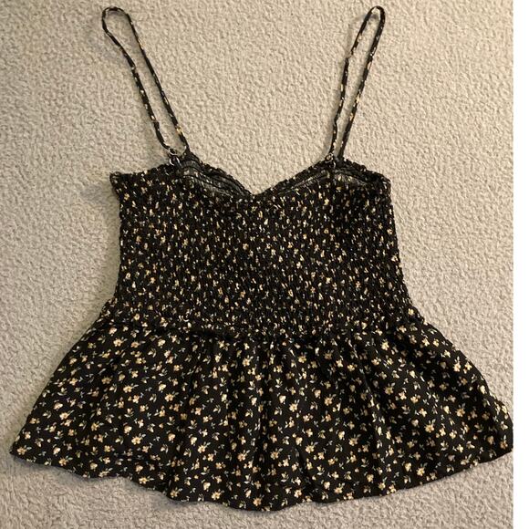 Papaya Tank Top Medium Floral Flare Stretch Smocked Black Yellow Cottage Y2K - Picture 6 of 15